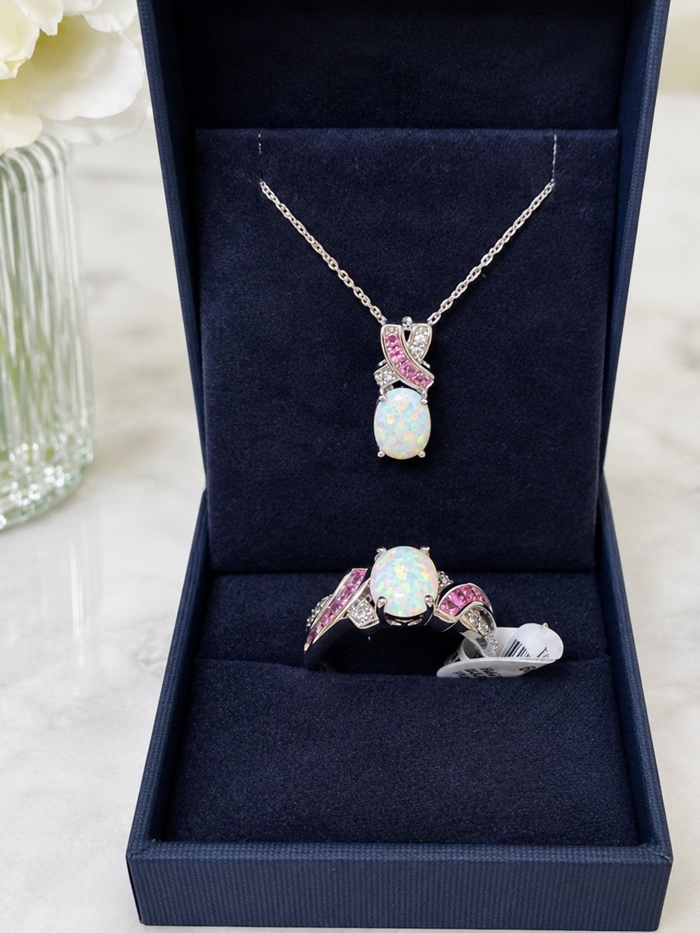 NWT White Opal & Pink Sapphire/Topaz Ring & Pendant Necklace Jewelry Set